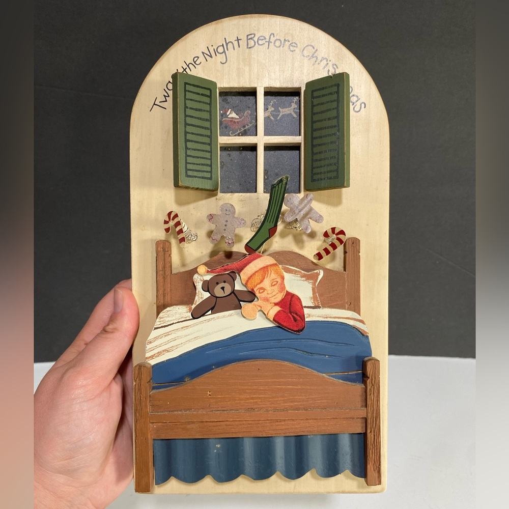 Twas The Night Before Christmas Wood Wall Hanging Child Dreaming Santa Flying